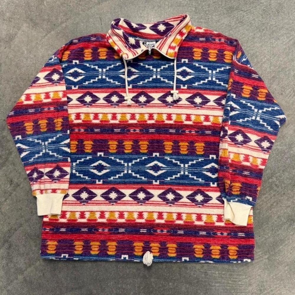 Vintage Aztec Fleece Pullover Western Quarter Zip Small USA Oversized Mock Neck